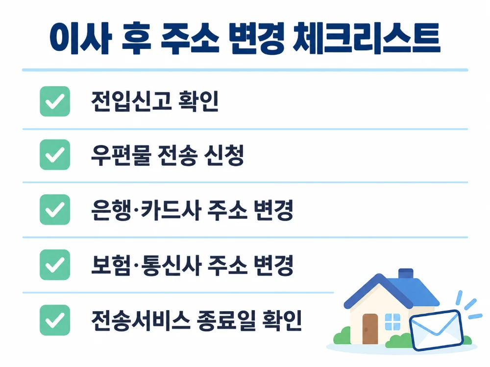 이사 후 전입신고, 우편물 전송 신청, 금융기관 주소 변경, 서비스 종료일 확인 체크리스트