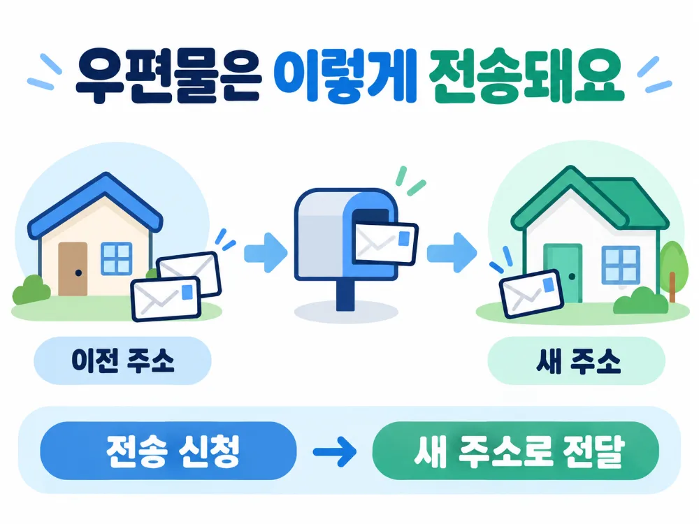 주거이전 우편물 전송서비스를 통해 이전 주소로 온 우편물이 새 주소로 전달되는 과정