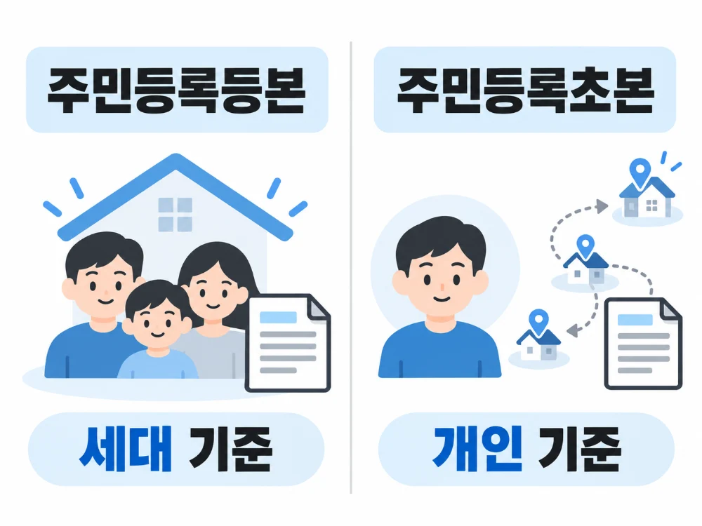 주민등록등본은 세대 기준이고 주민등록초본은 개인 기준임을 보여주는 비교 인포그래픽