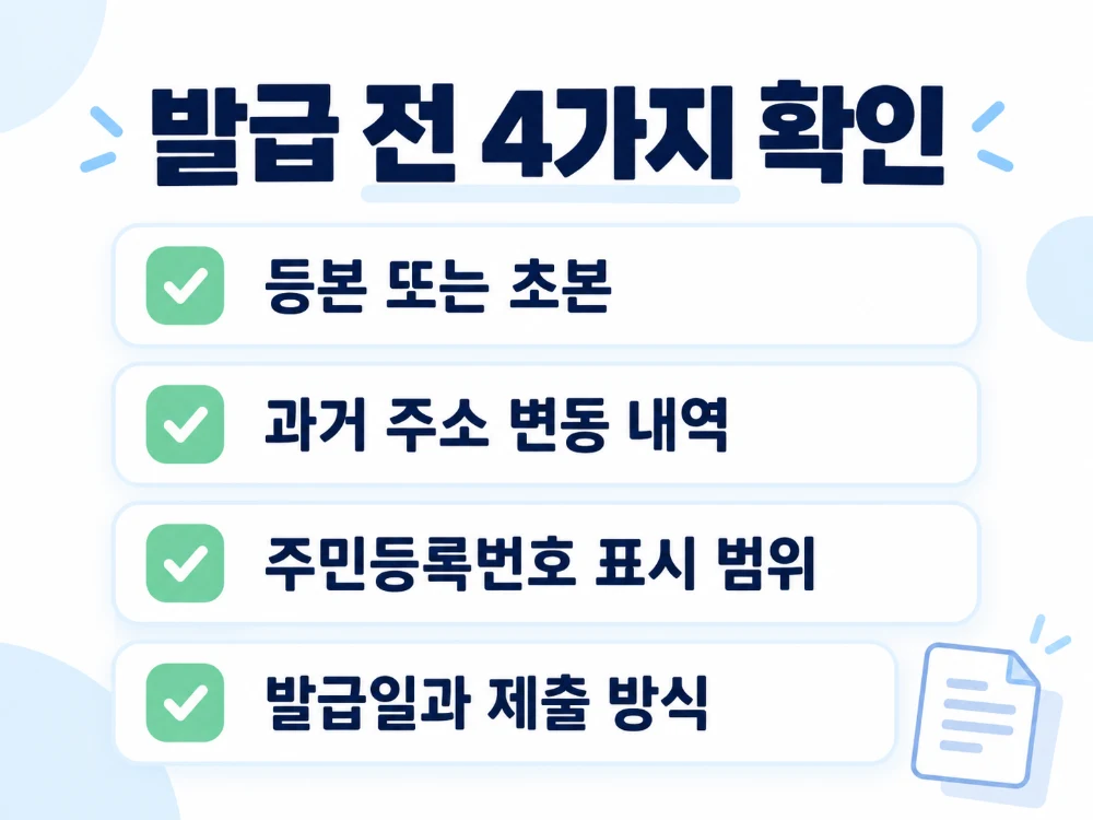 주민등록등본과 초본 발급 전 서류 종류, 주소 변동 내역, 주민등록번호 표시 범위, 발급일 확인사항